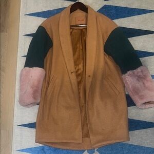 Blank NYC Tan Coat with Pink fur sleeves and Green Accents